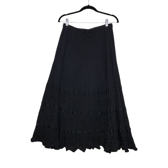 Vintage y2k Boho Western Maxi Skirt Cotton Black Embroidered Tiered Med Sand Sun - Picture 1 of 5